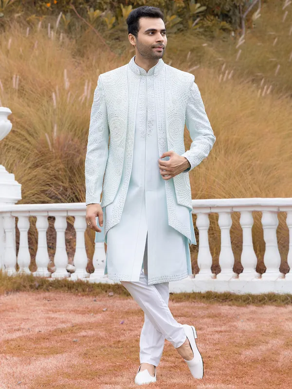 Powder blue raw silk Indowestern for men