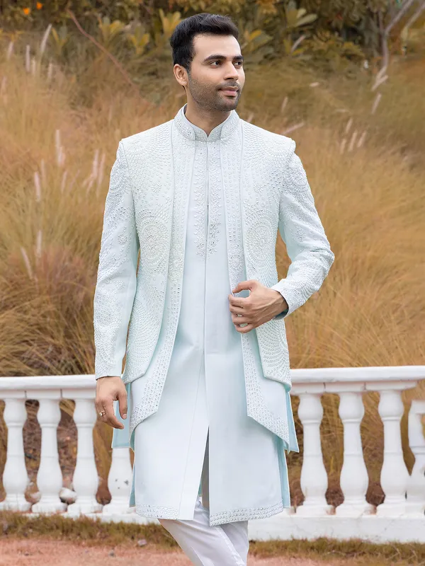 Powder blue raw silk Indowestern for men