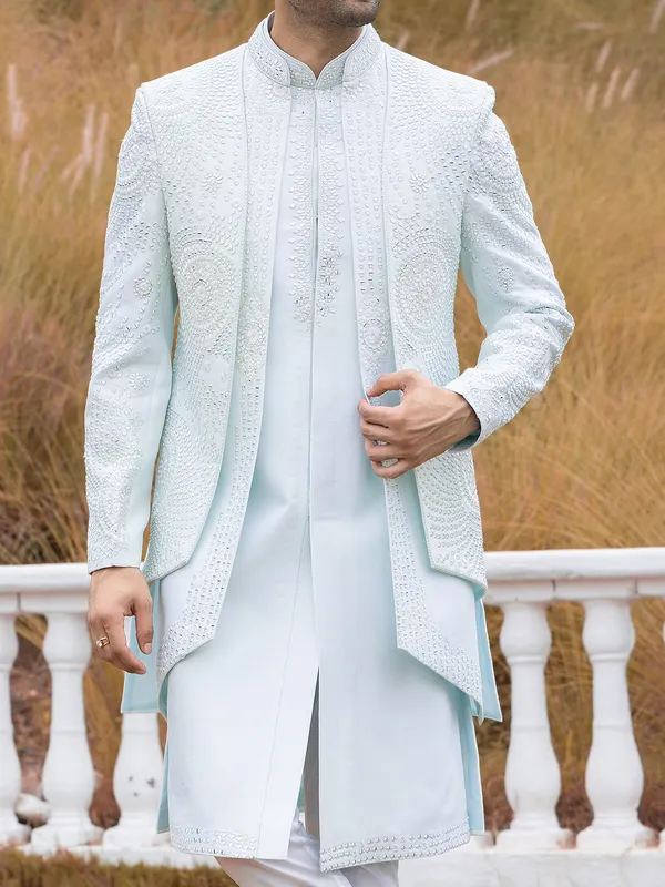 Powder blue raw silk Indowestern for men