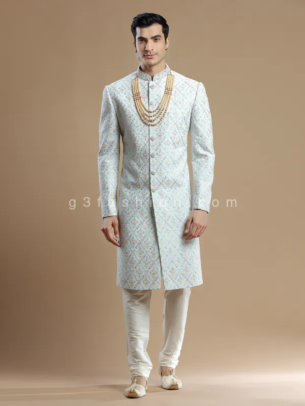 Light blue rich raw silk groom wear sherwani