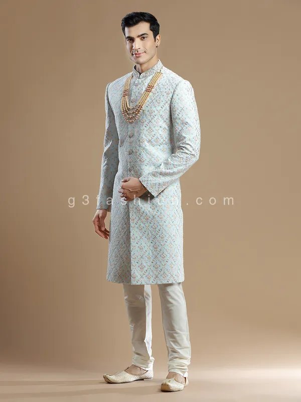 Light blue rich raw silk groom wear sherwani