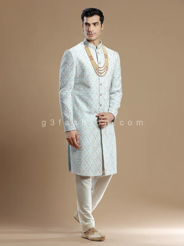 Light blue rich raw silk groom wear sherwani
