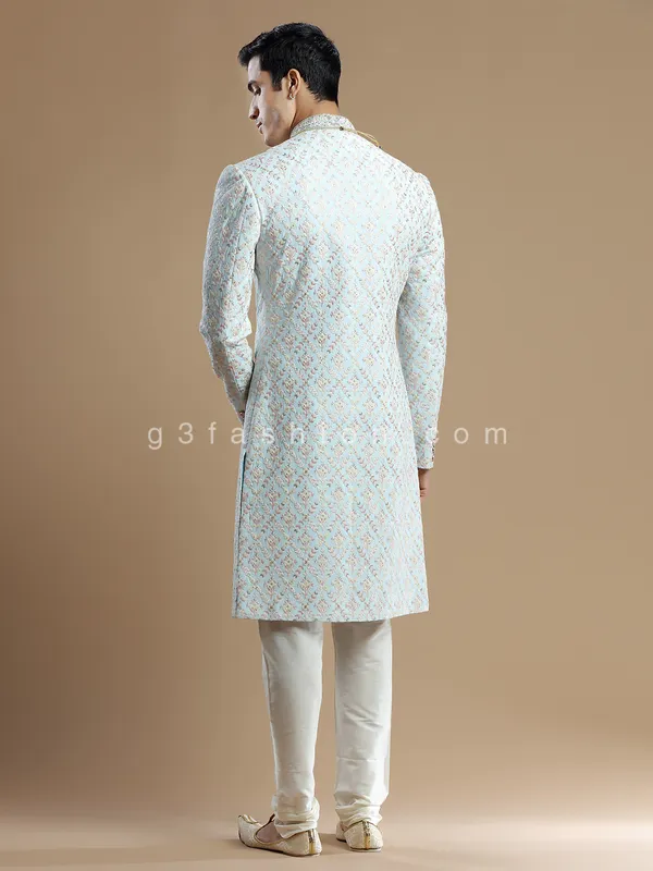 Light blue rich raw silk groom wear sherwani