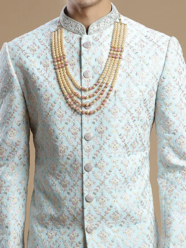 Light blue rich raw silk groom wear sherwani