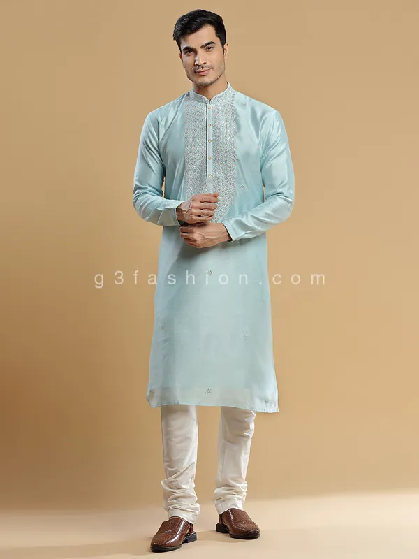 Powder blue silk festive wear kurta suit