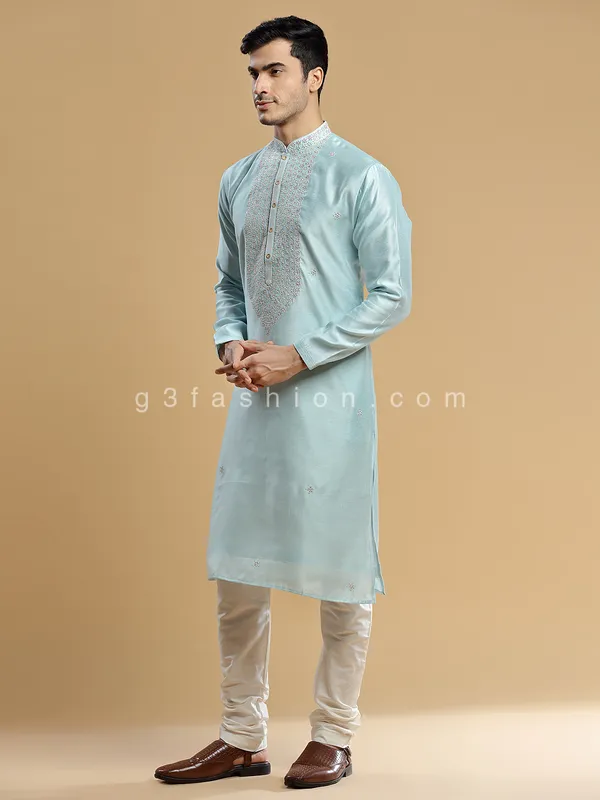 Powder blue silk festive wear kurta suit