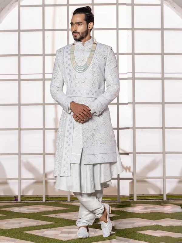Powder blue silk groom wear sherwani