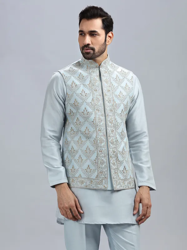 Powder blue silk waistcoat set for men
