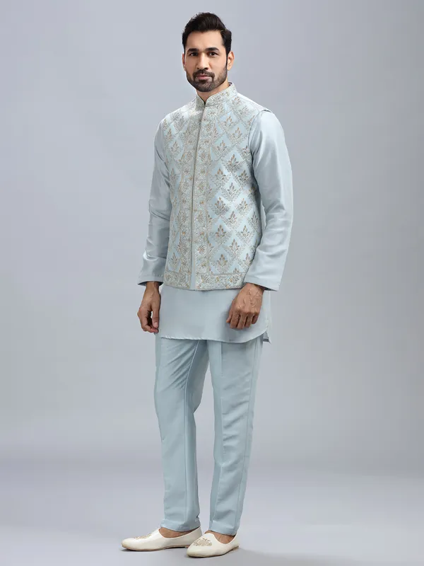 Powder blue silk waistcoat set for men
