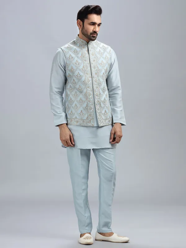 Powder blue silk waistcoat set for men