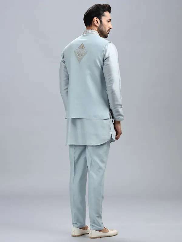 Powder blue silk waistcoat set for men