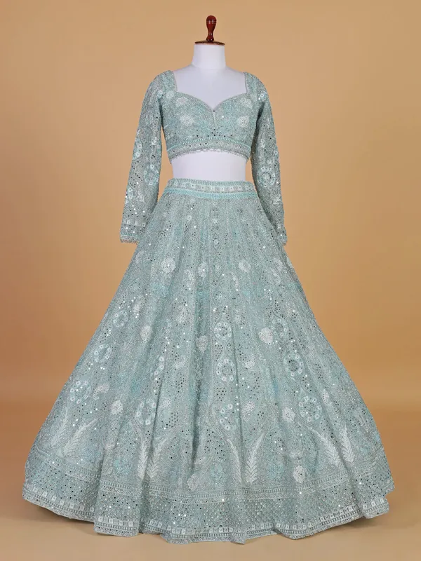 Powder blue wedding style net lehenga choli