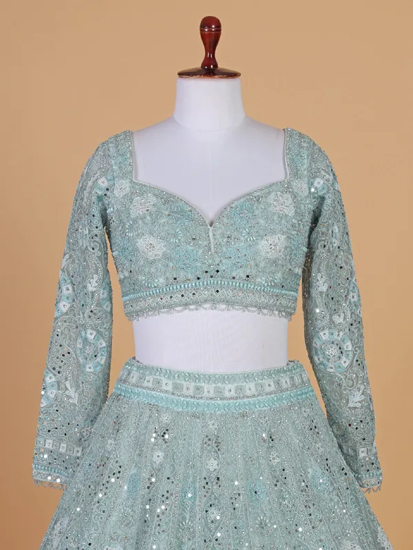 Powder blue wedding style net lehenga choli