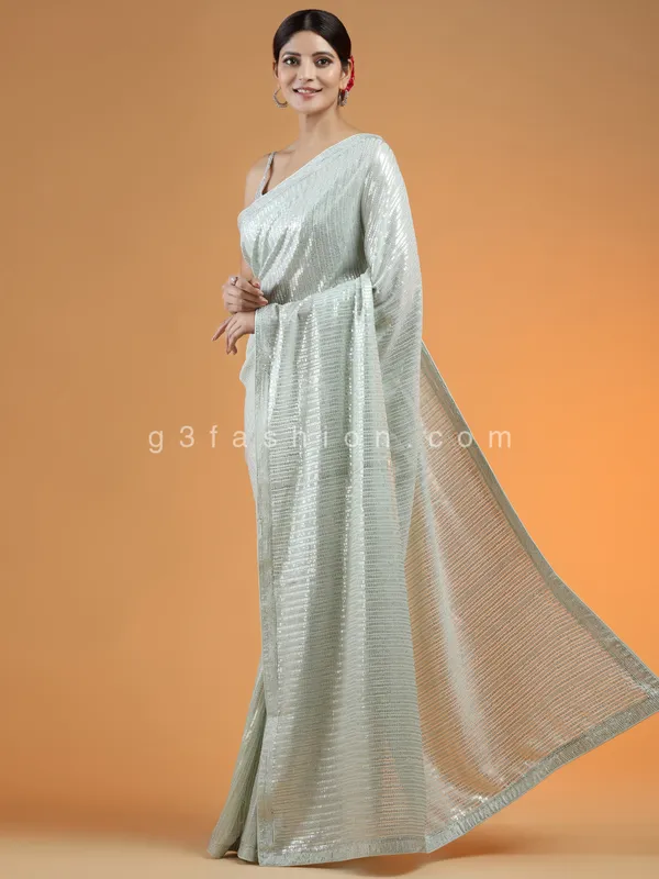 Powder green sequins fabric saree for party events