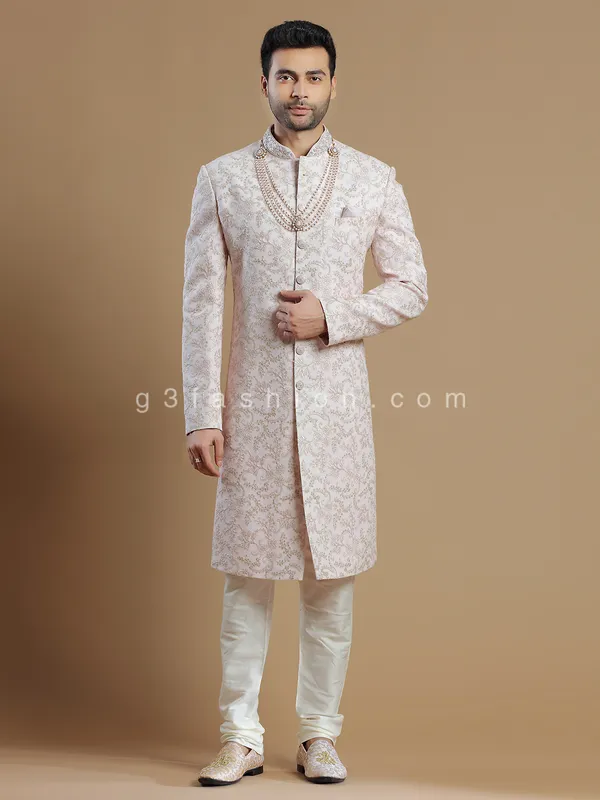 Powder pink georgette groom wear sherwani