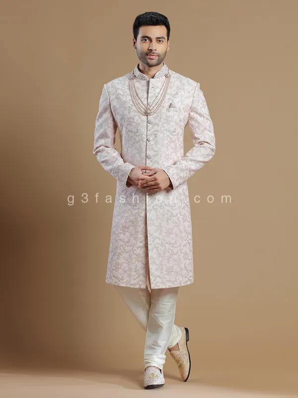 Powder pink georgette groom wear sherwani