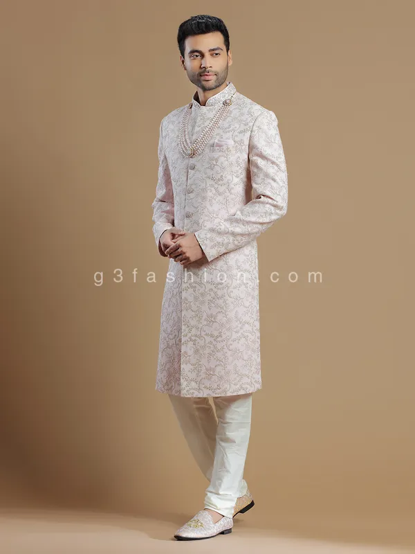 Powder pink georgette groom wear sherwani