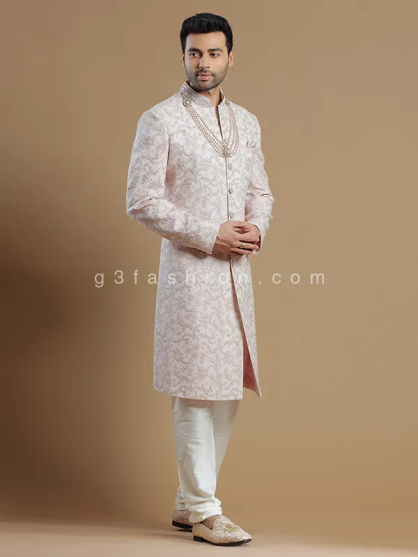 Powder pink georgette groom wear sherwani