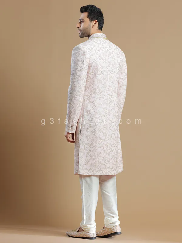 Powder pink georgette groom wear sherwani