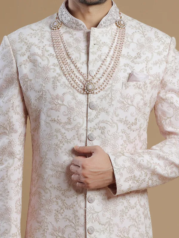 Powder pink georgette groom wear sherwani