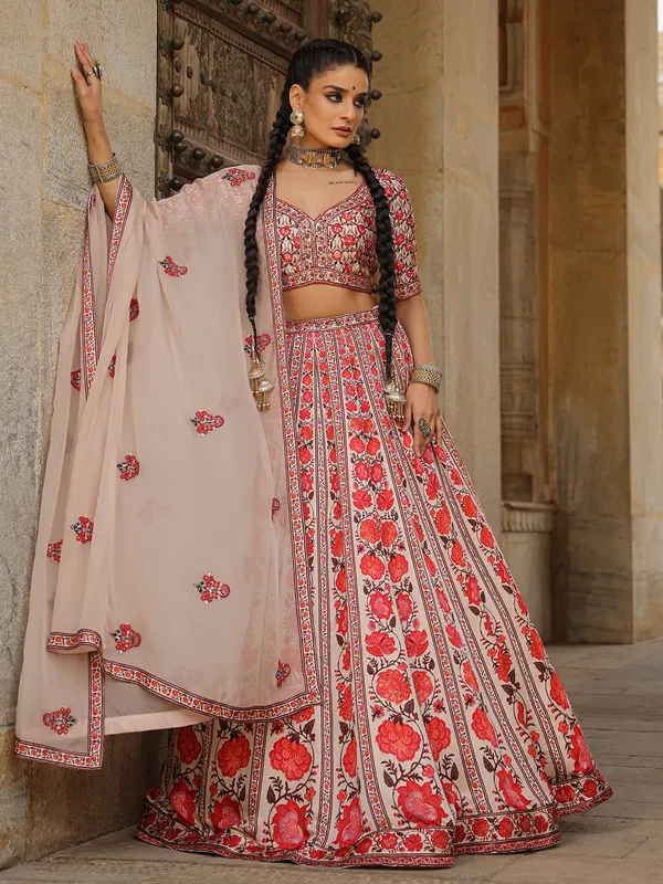 Powder pink printed lehenga choli in silk