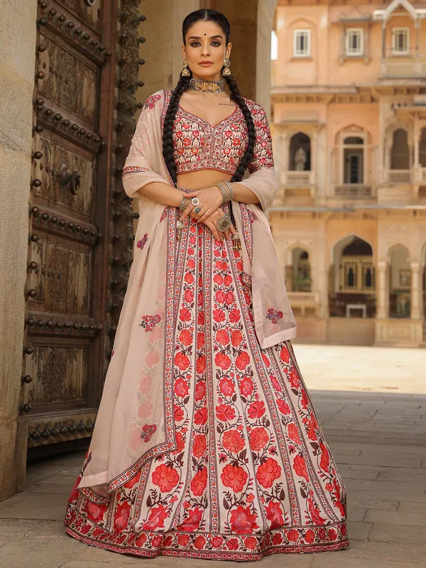 Powder pink printed lehenga choli in silk