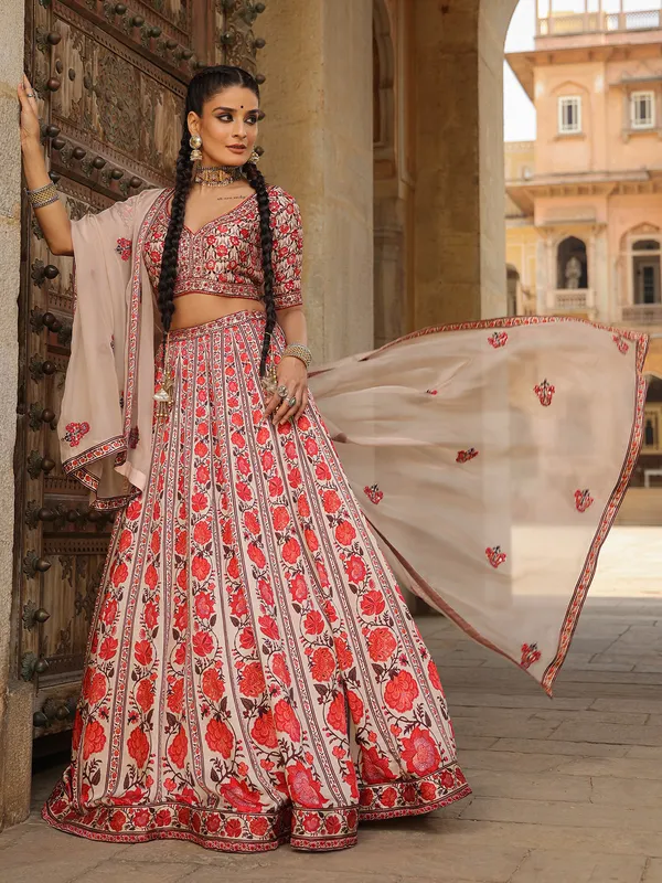Powder pink printed silk lehenga choli