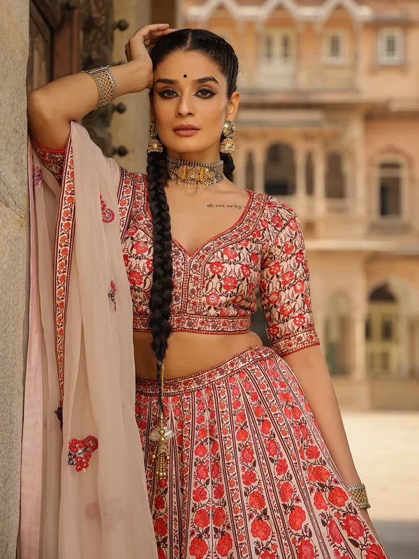 Powder pink printed silk lehenga choli