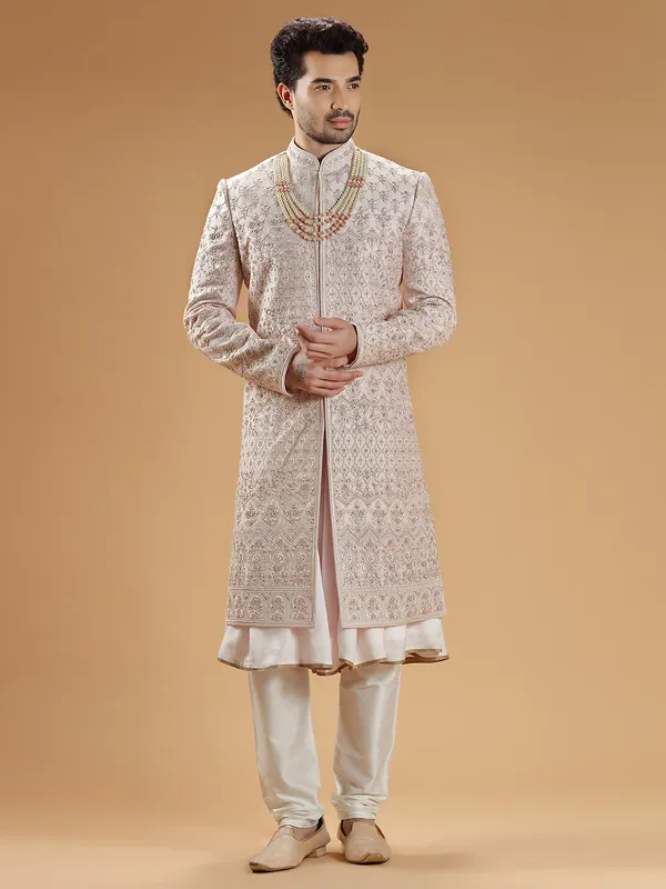 Powder pink raw silk sherwani