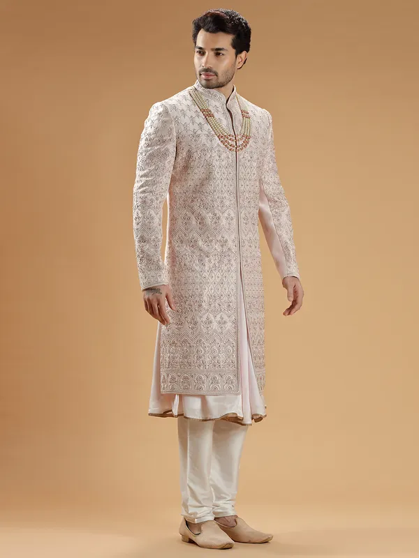 Powder pink raw silk sherwani