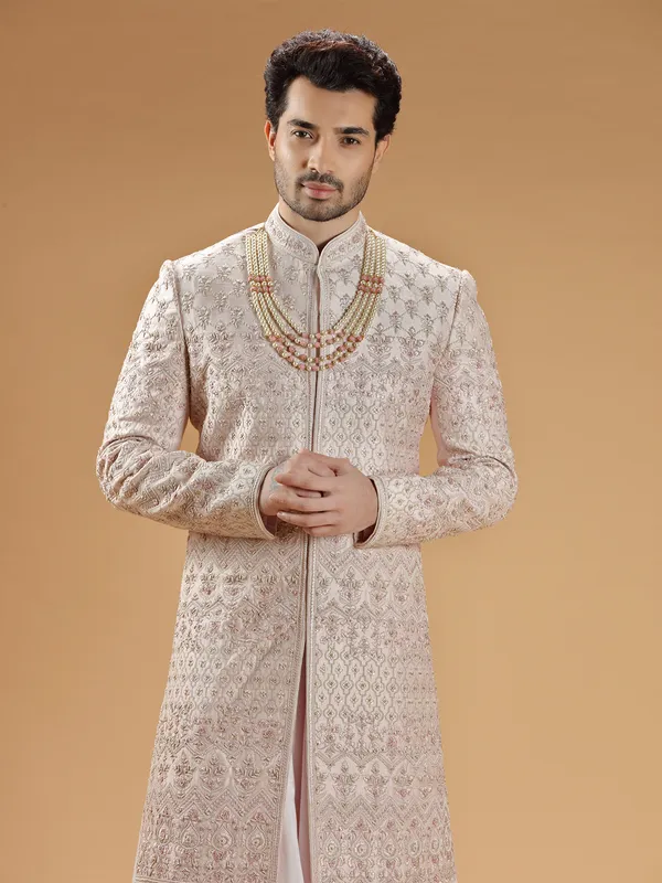 Powder pink raw silk sherwani