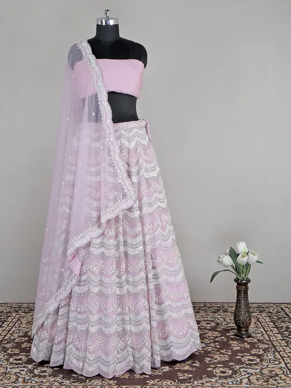 Powder pink wedding look organza lehenga choli