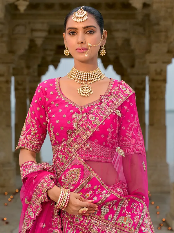 Premium wedding pink silk unstitched lehenga choli