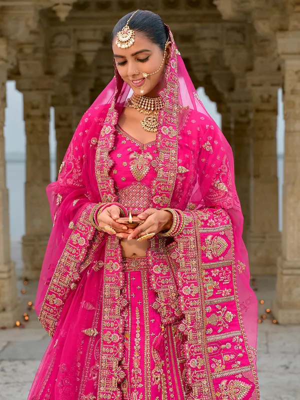 Premium wedding pink silk unstitched lehenga choli