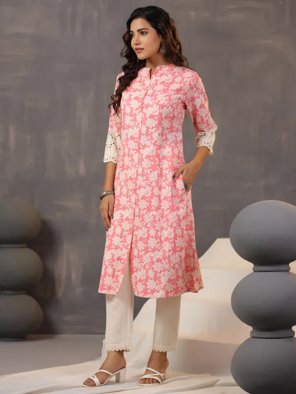 Pretty bright pink printed cotton silk kurti