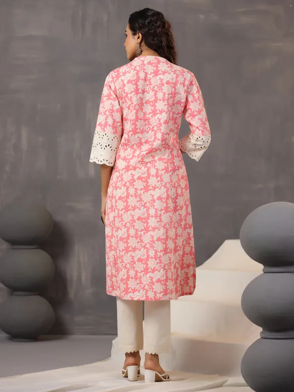 Pretty bright pink printed cotton silk kurti