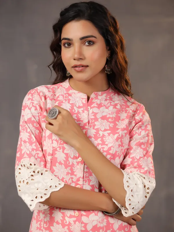 Pretty bright pink printed cotton silk kurti