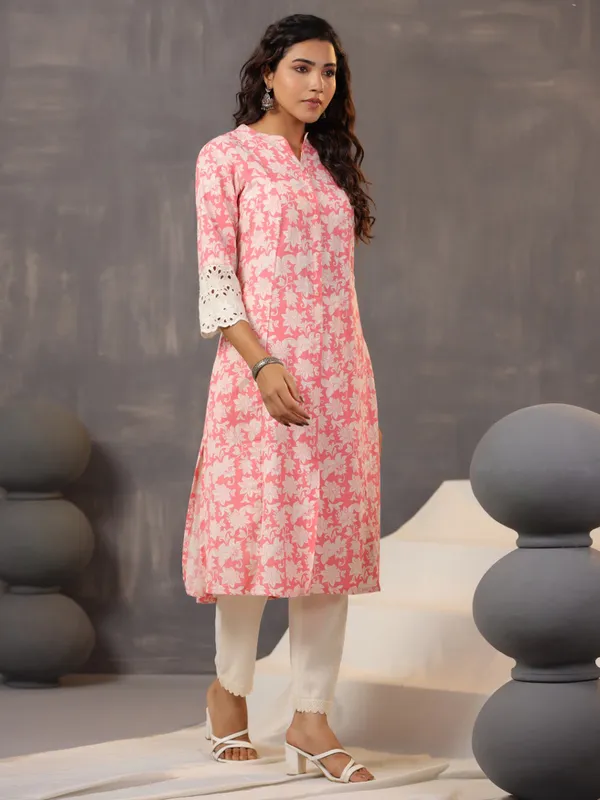 Pretty bright pink printed cotton silk kurti