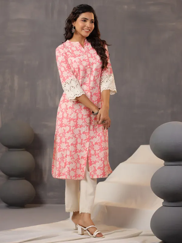 Pretty bright pink printed cotton silk kurti