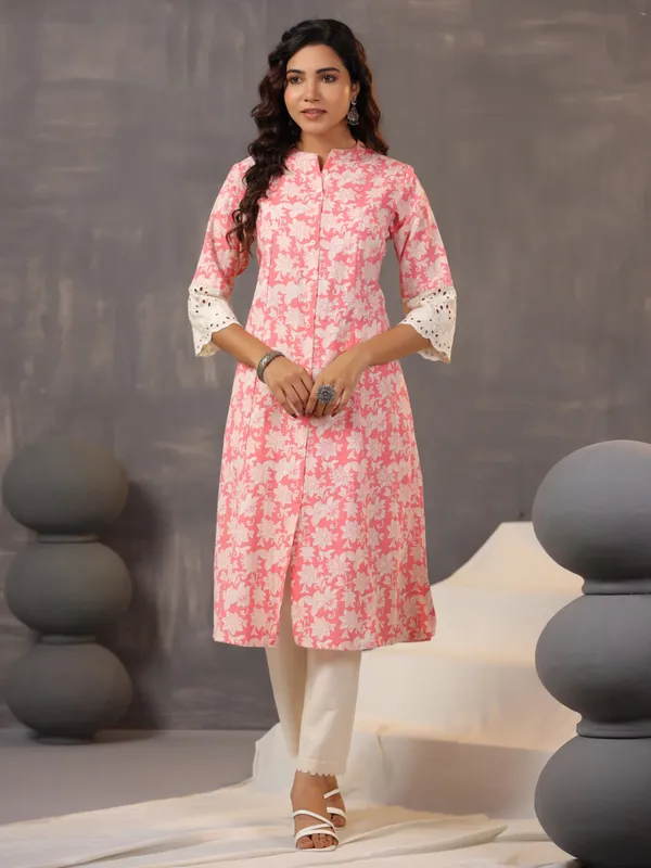 Pretty bright pink printed cotton silk kurti