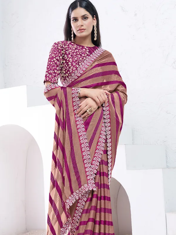 Pretty brown and purple printed saree
