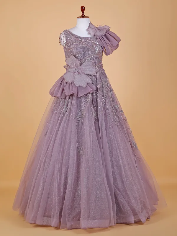 Pretty light purple net designer gown