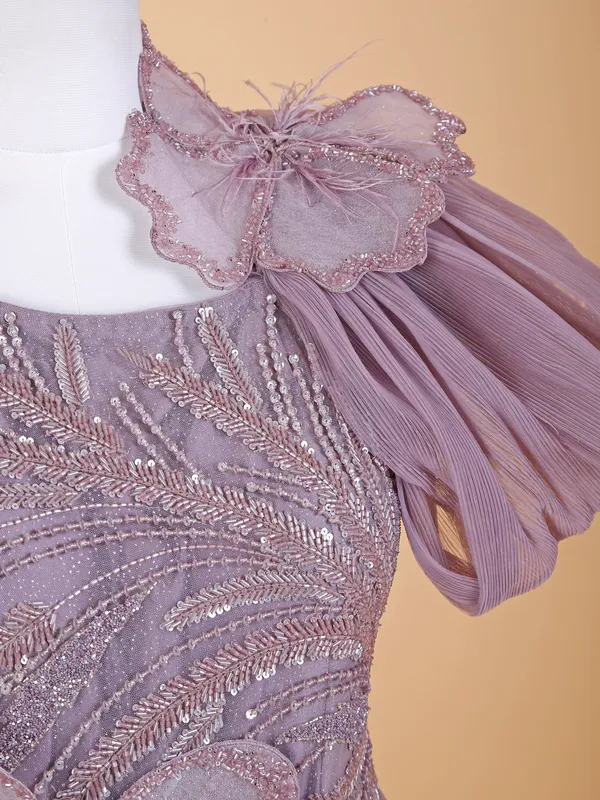 Pretty light purple net designer gown