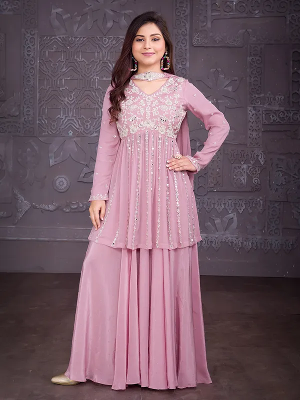 Pretty pink silk palazzo suit for festive wear