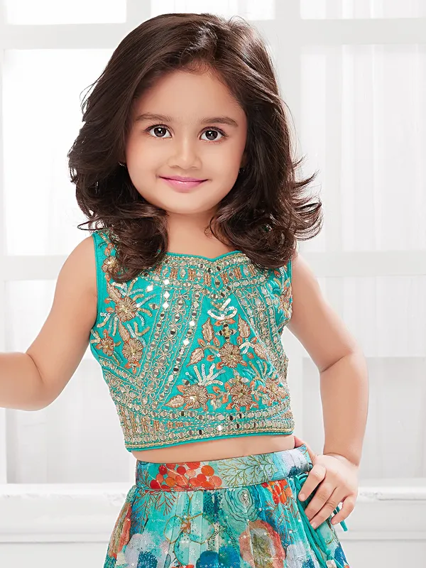 Pretty rama green silk lehenga choli for girls