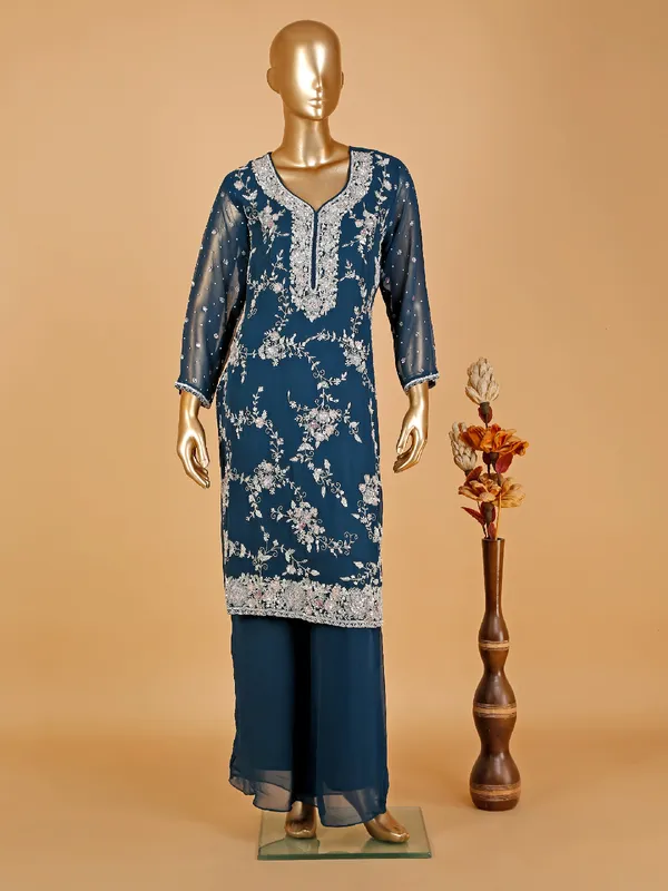 Pretty teal blue georgette palazzo suit