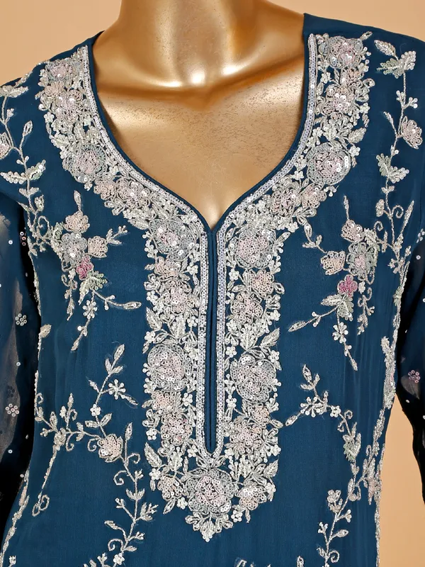Pretty teal blue georgette palazzo suit