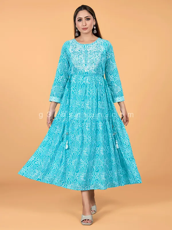 Printed anarkali style aqua cotton kurti