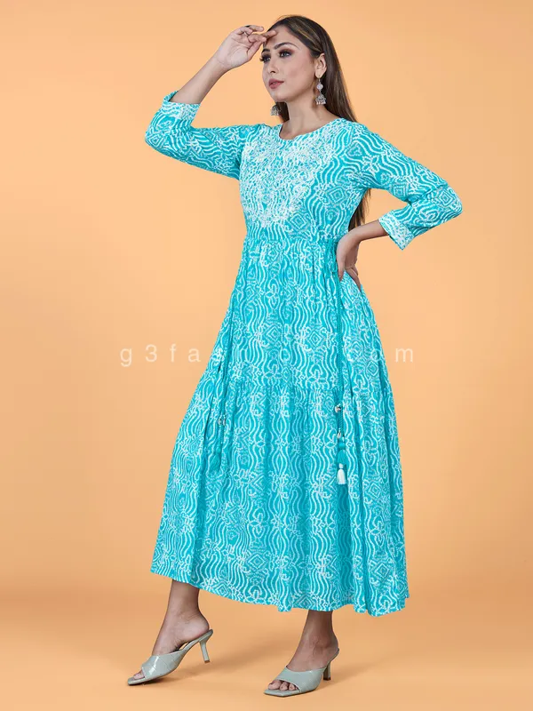 Printed anarkali style aqua cotton kurti