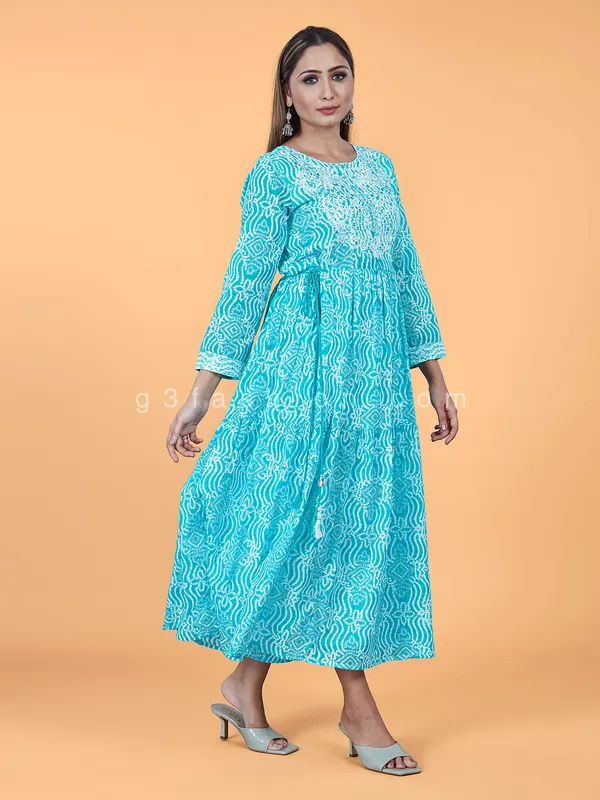 Printed anarkali style aqua cotton kurti